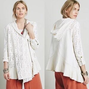Free People Cream  Doily Hoodie Cardigan asymmetrical zip front size S